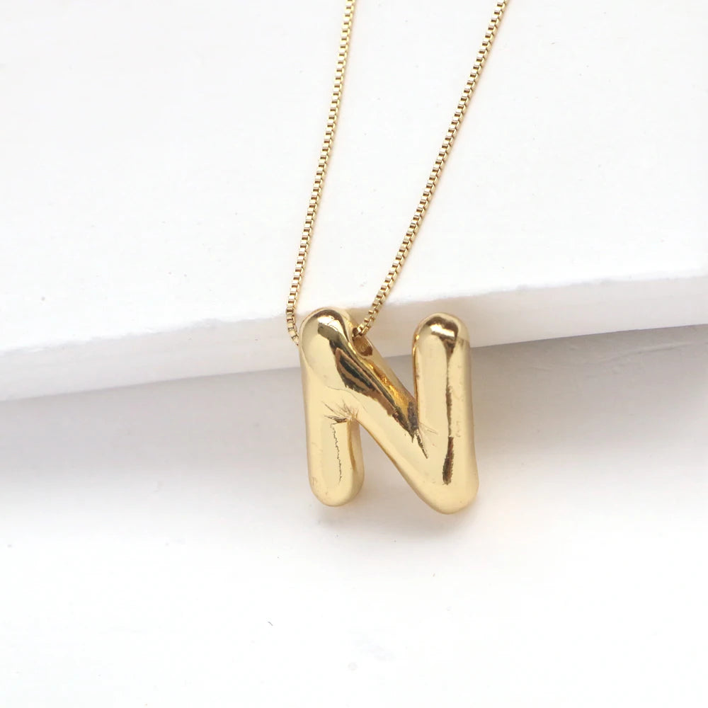 Gold Plated Copper Chunky Alphabet Balloon Bubble Initial Letter Pendant Necklace for Women Men Boy Fashion Jewelry