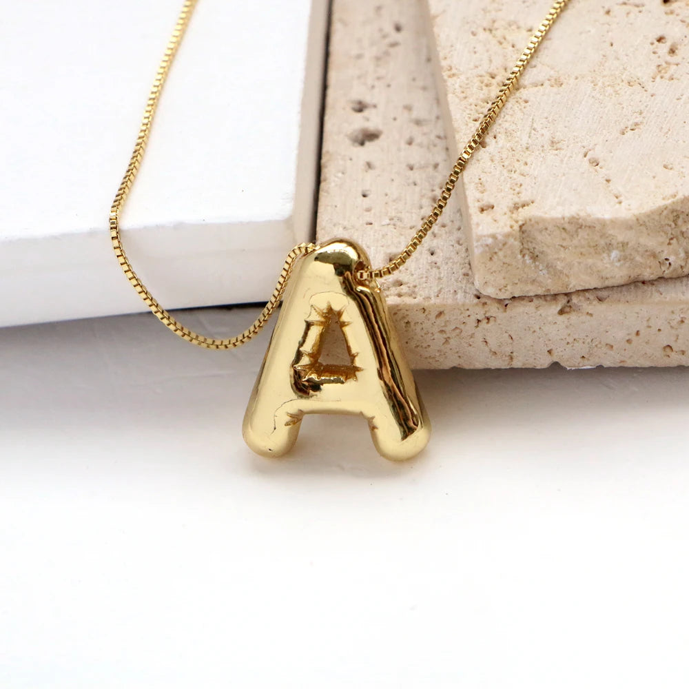 Gold Plated Copper Chunky Alphabet Balloon Bubble Initial Letter Pendant Necklace for Women Men Boy Fashion Jewelry