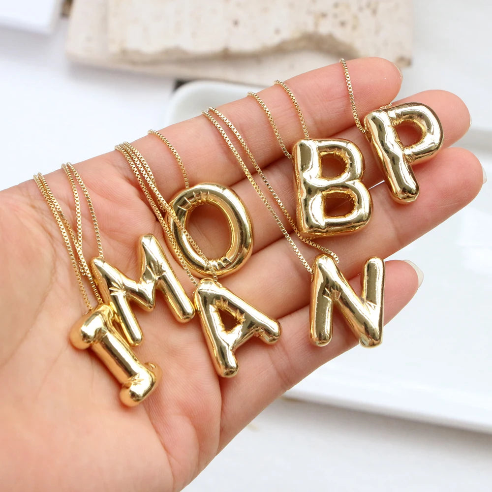 Gold Plated Copper Chunky Alphabet Balloon Bubble Initial Letter Pendant Necklace for Women Men Boy Fashion Jewelry