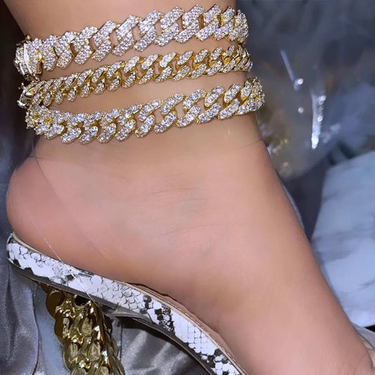 Flatfoosie Hip Hop Iced Out Chunky Cuban Chain Anklets For Women Luxury Rhinestone Link Ankle Bracelet Beach Barefoot Jewelry