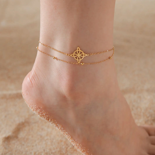 Skyrim Witch Knot Anklet Women Stainless Steel Double Layer Beads Chain Ankle Bracelet Witchcraft Jewelry Summer Accessories