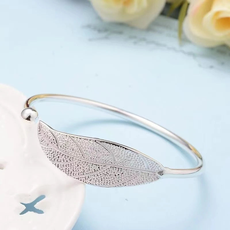 Fashion 925 Sterling Silver Woman Cuff Bracelet Open Leaf Shaped Adjustable Charm Bangle Girls Party Jewelry Christmas Gifts