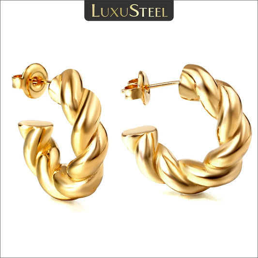 LUXUSTEEL Trendy Twisted Hoop Earrings for Women Gold Color Stainless Steel Circle Earrings Party Vintage Jewelry Gifts